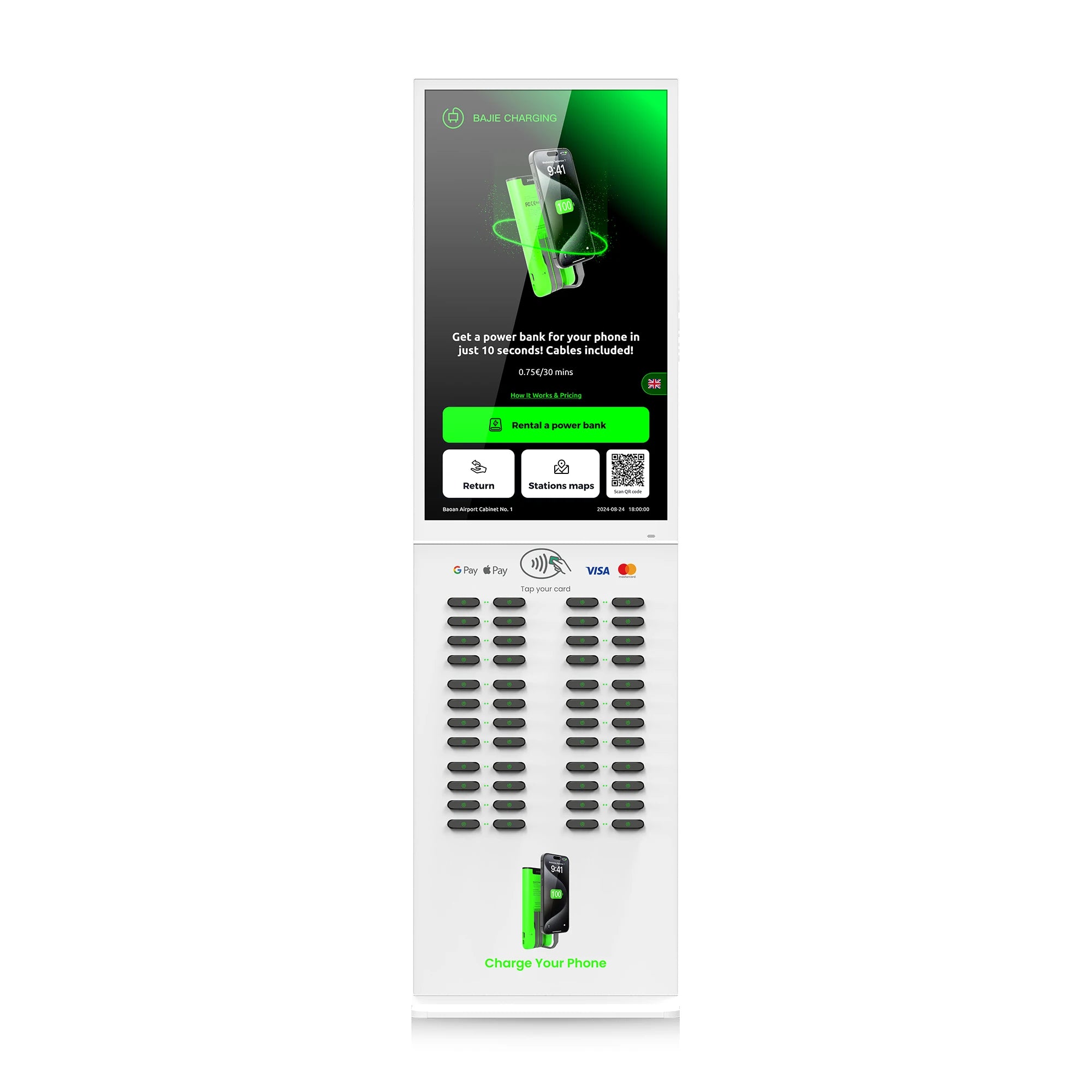 48-Slot Power Bank Rental Kiosk 43 Touchscreen Built-in POS Self-Service Charging Power Bank Rental Station Vending Machine