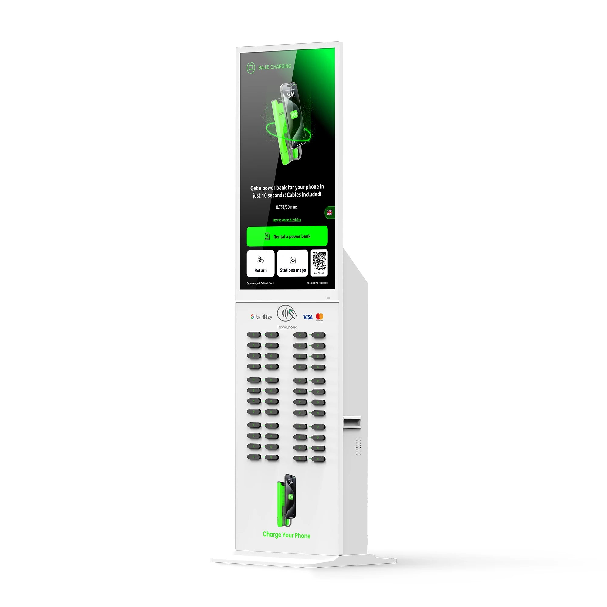 48-Slot Power Bank Rental Kiosk 43 Touchscreen Built-in POS Self-Service Charging Power Bank Rental Station Vending Machine