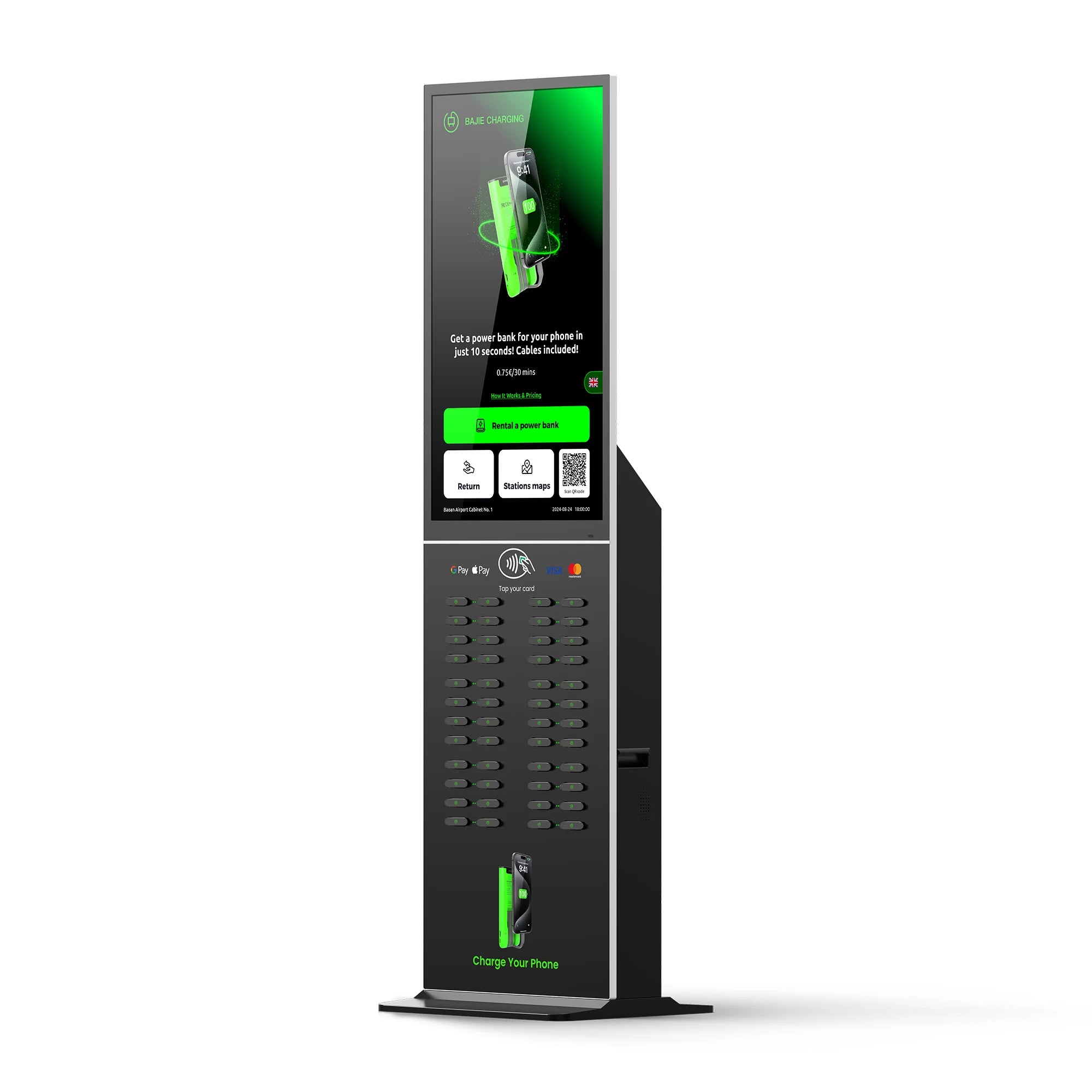 48-Slot Power Bank Rental Kiosk 43 Touchscreen Built-in POS Self-Service Charging Power Bank Rental Station Vending Machine
