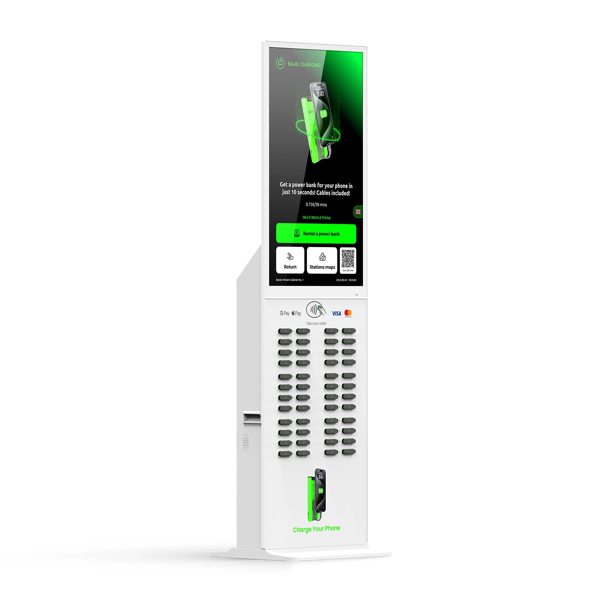 48-Slot Power Bank Rental Kiosk 43 Touchscreen Built-in POS Self-Service Charging Power Bank Rental Station Vending Machine