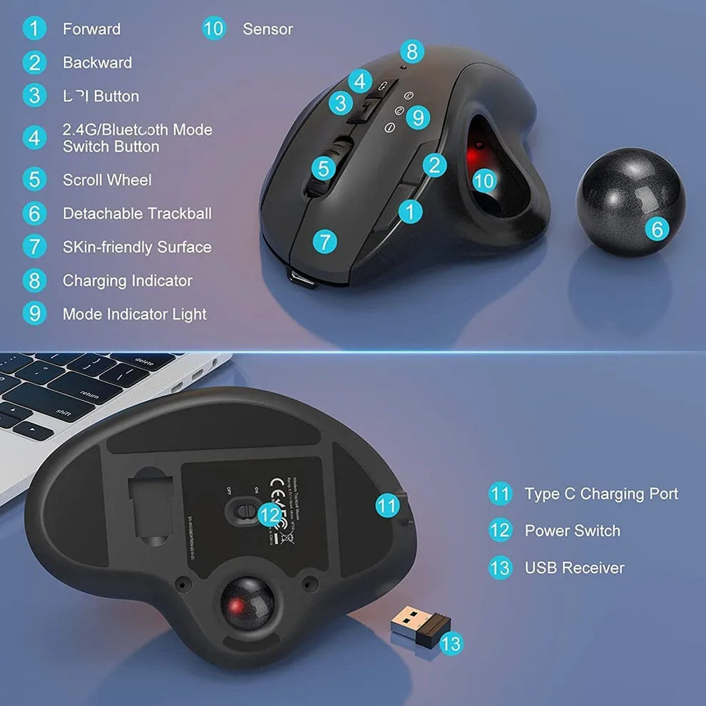 JOMAA Ergonomic Wireless USB Trackball Mouse Adjustable 2400 CPI Dual Mode up to 3 Devices Right-Handed Mouse for Laptop