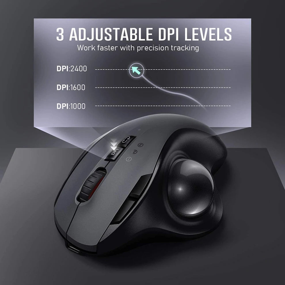 JOMAA Ergonomic Wireless USB Trackball Mouse Adjustable 2400 CPI Dual Mode up to 3 Devices Right-Handed Mouse for Laptop