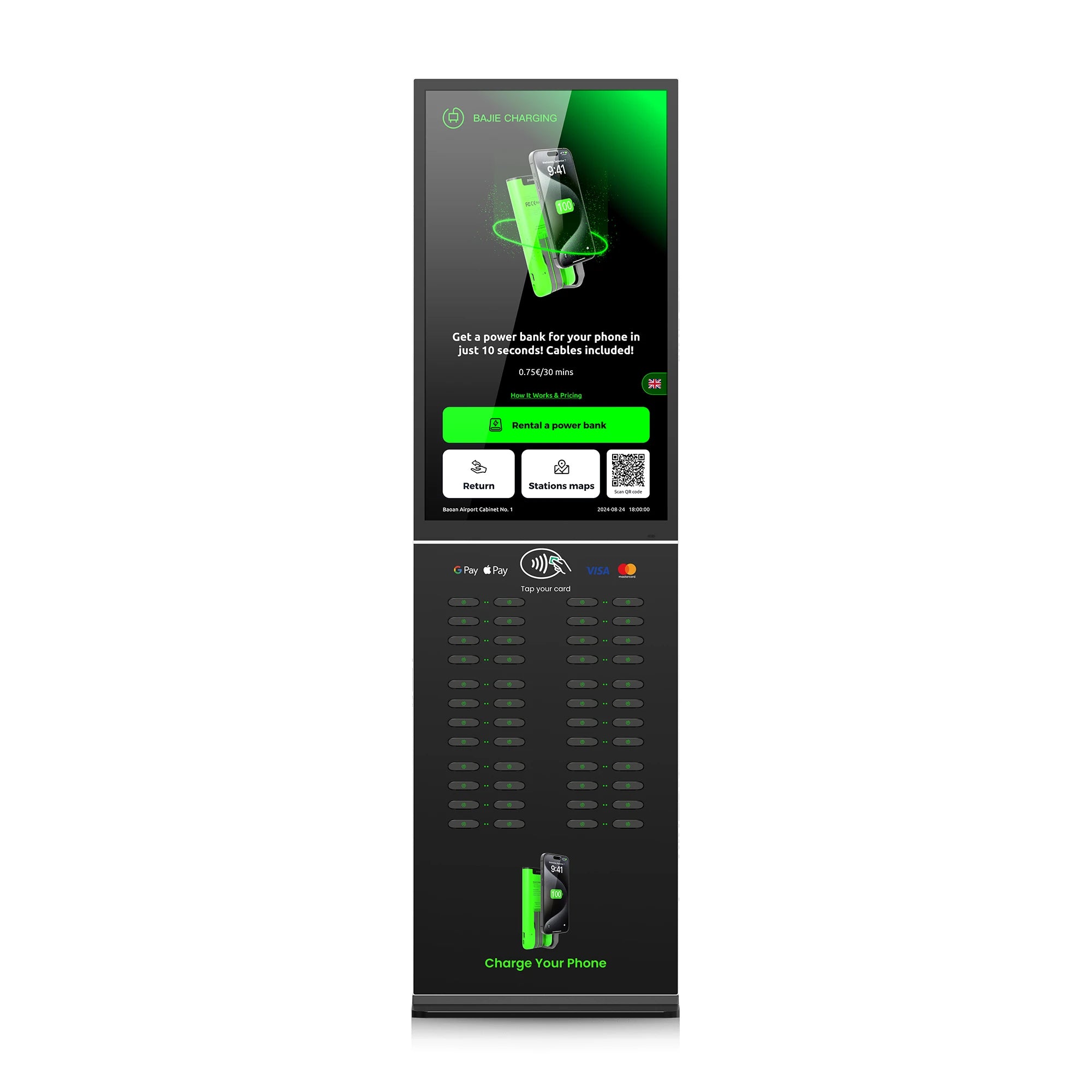 48-Slot Power Bank Rental Kiosk 43 Touchscreen Built-in POS Self-Service Charging Power Bank Rental Station Vending Machine