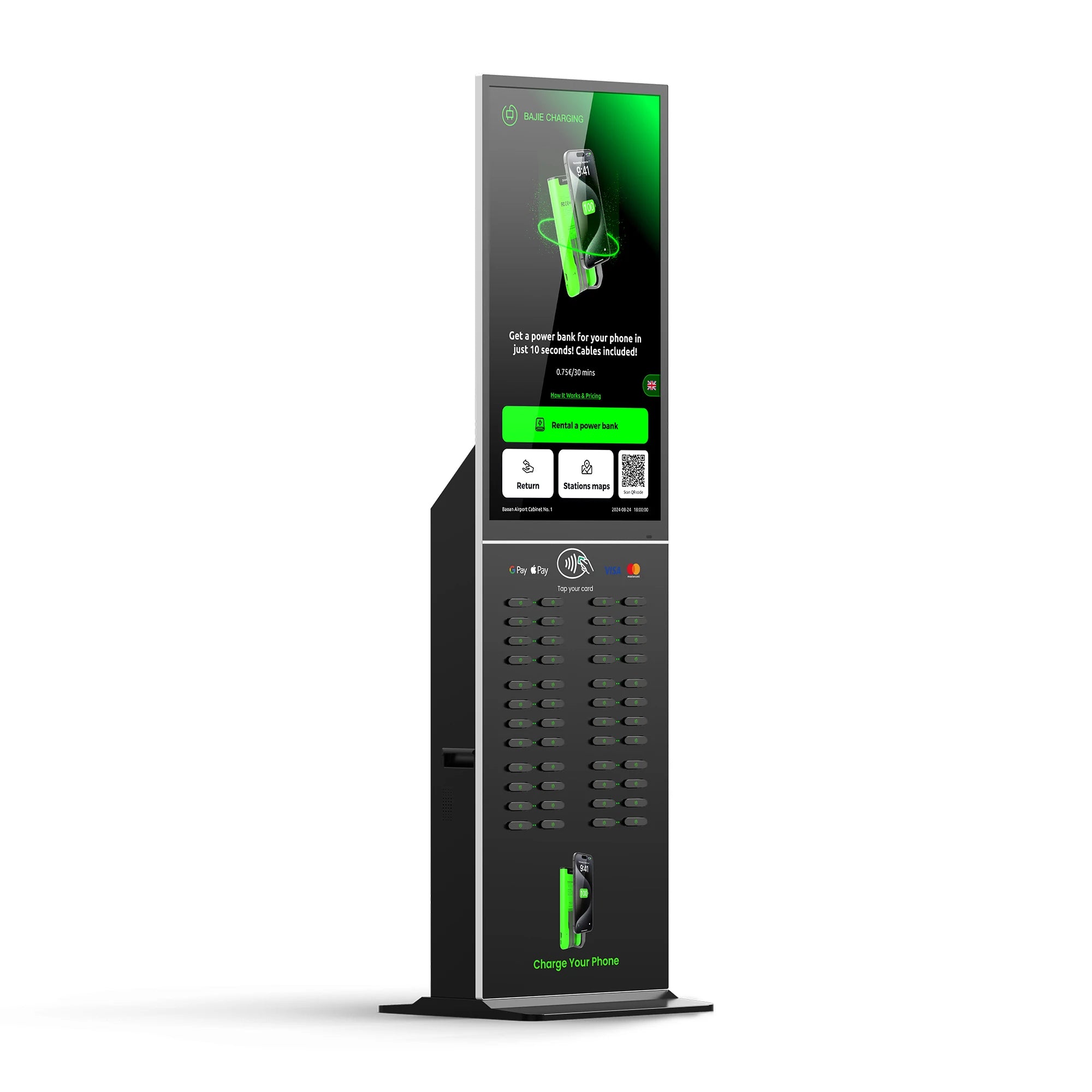 48-Slot Power Bank Rental Kiosk 43 Touchscreen Built-in POS Self-Service Charging Power Bank Rental Station Vending Machine