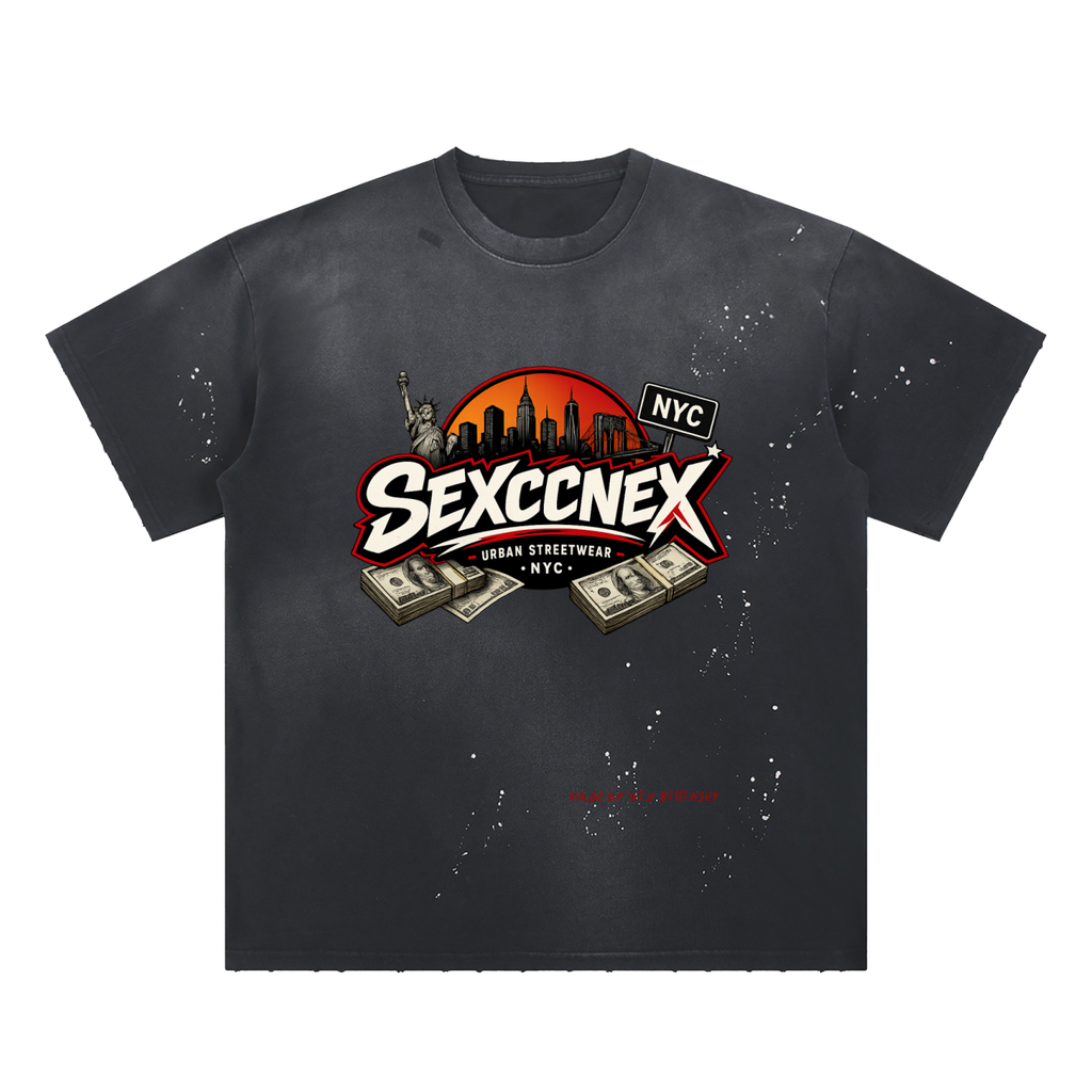 Hand-Frayed Sunfade Paint Splatter "Sexccnex" T-Shirt