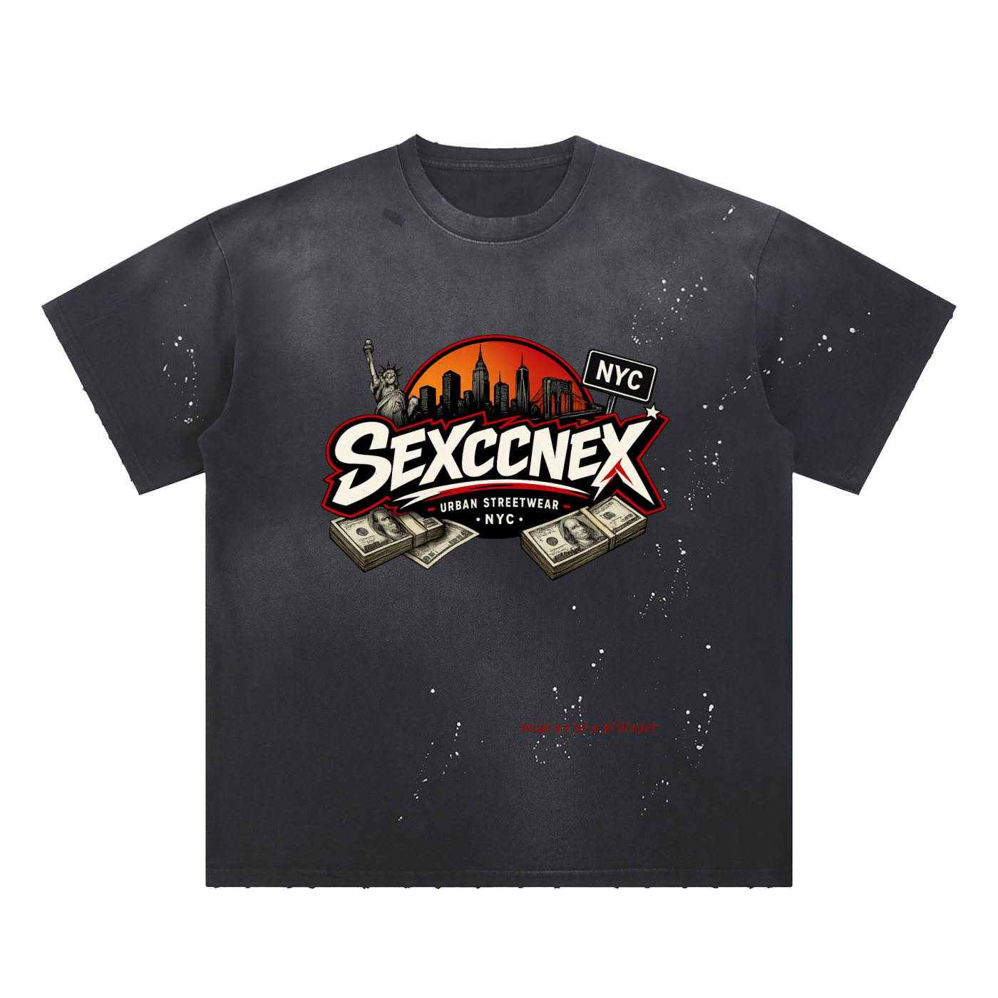 Hand-Frayed Sunfade Paint Splatter "Sexccnex" T-Shirt