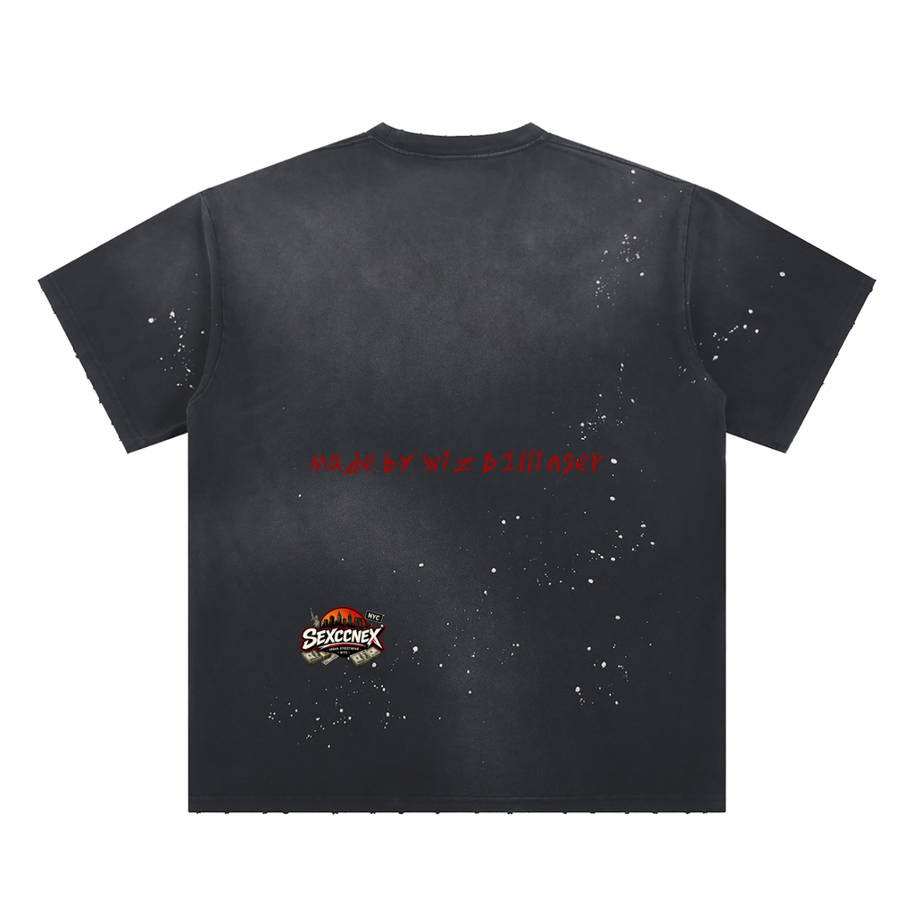 Hand-Frayed Sunfade Paint Splatter "Sexccnex" T-Shirt