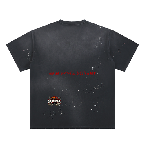 Hand-Frayed Sunfade Paint Splatter "Sexccnex" T-Shirt